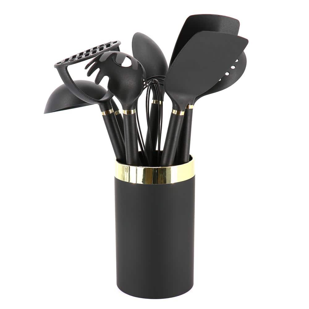 Black and Gold 10-Piece Nylon Kitchen Utensil Set with Crock