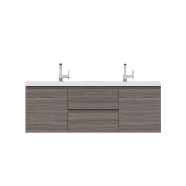 Alya Bath Paterno 60 in. W x 19 in. D Double Wall Mount Bath Vanity in Gray with Acrylic Vanity Top in White with White Basin