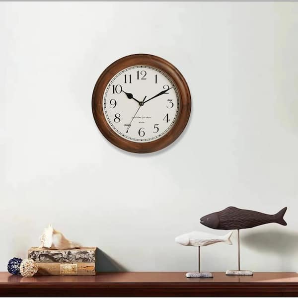 11 in Brown Round Wall Clock Battery Operated Silent Non-Ticking