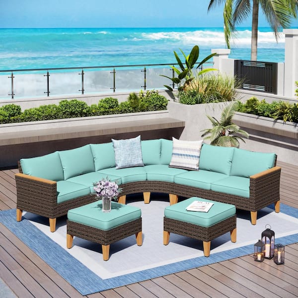 PHI VILLA Brown Rattan Wicker 8 Seat 8-Piece Steel Outdoor Patio Conversation Set with Blue Cushions