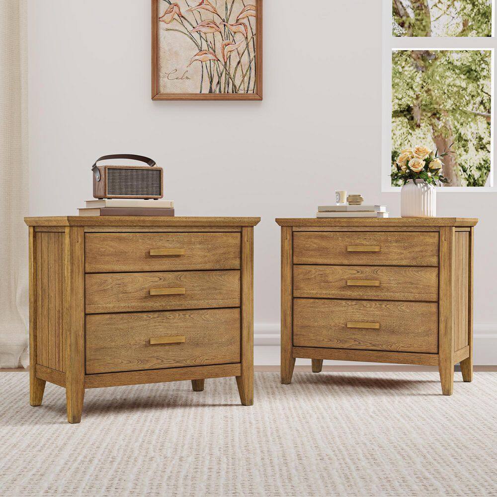 Light Brown Modern 3-Drawer 25.8 in. W Solid Wood Nightstand Bedside Table with Storage (Set of 2) price history on PriceWatchPro