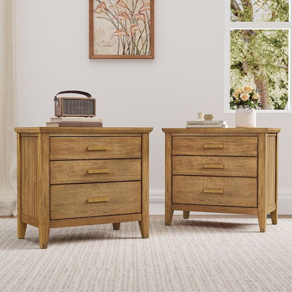 Light Brown Modern 3-Drawer 25.8 in W Solid Wood Nightstand Bedside Table with Storage Set of 2