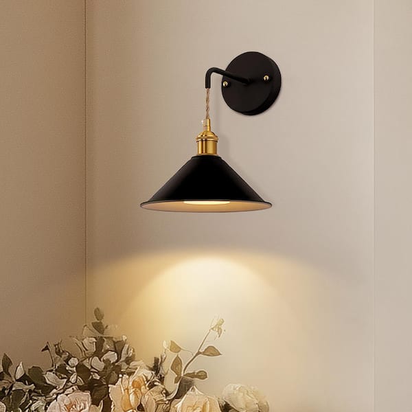 9 in. Cone Shade Black Metal Sconce Lighting with Bulbs (2-Pack), Wall Mounted Lamp for Living Room, Bedroom, or Hallway