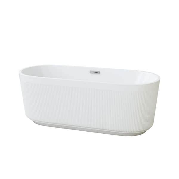 59 in. x 30 in. Oval Acylic Flatbottom Freestanding Soaking Bathtub with Center Drain in Gloss White