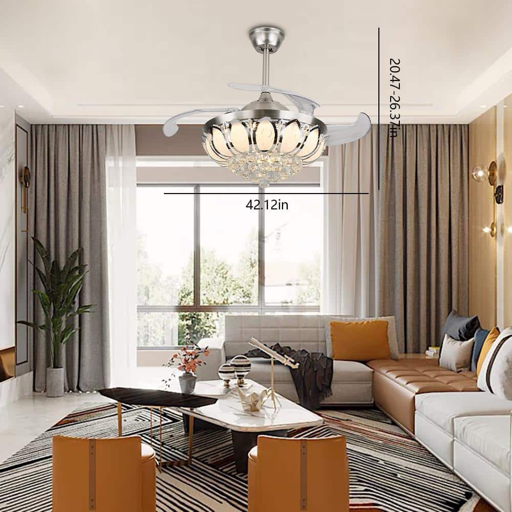 42" Silver Modern LED Crystal Chandelier Ceiling Fan with Remote