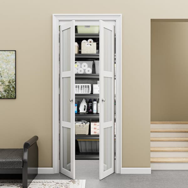 30 in. x 80 in. 3-Lite Frosted Glass Solid Core White Finished (Pivot French) Bi-fold Door with Pivot Hardware