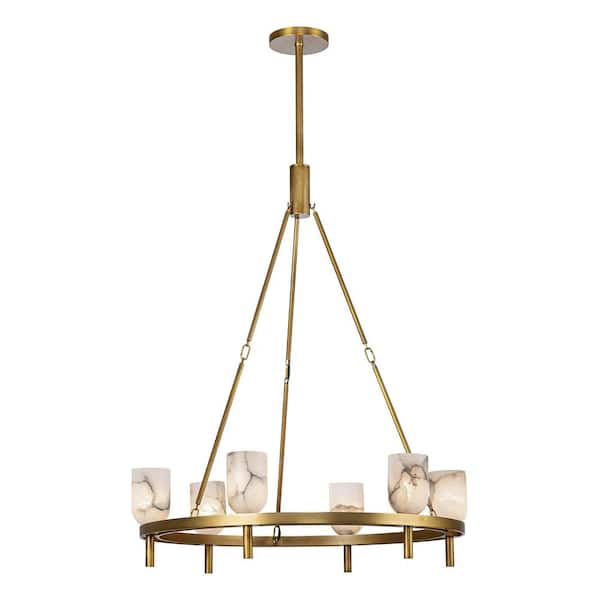 ALORA Lucian 32 in. 6 Light 60-Watt Vintage Brass/Alabaster Chandelier