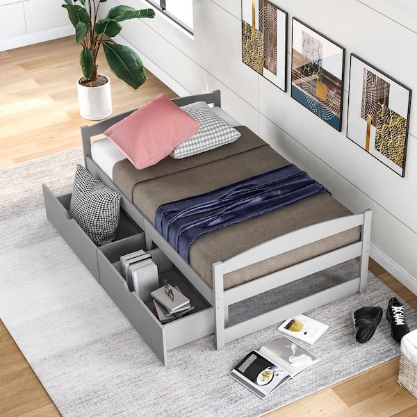 Qualler Gray Twin Size Platform Bed with 2-Drawers
