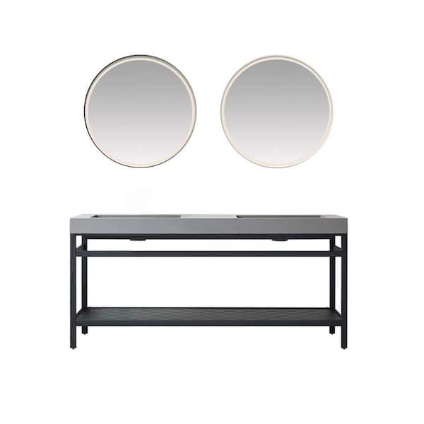 ROSWELL Ablitas 72 in. W x 20 in. D x 34 in. H Double Sink Bath Vanity in Matt Black with Gray Composite Stone Top and Mirror