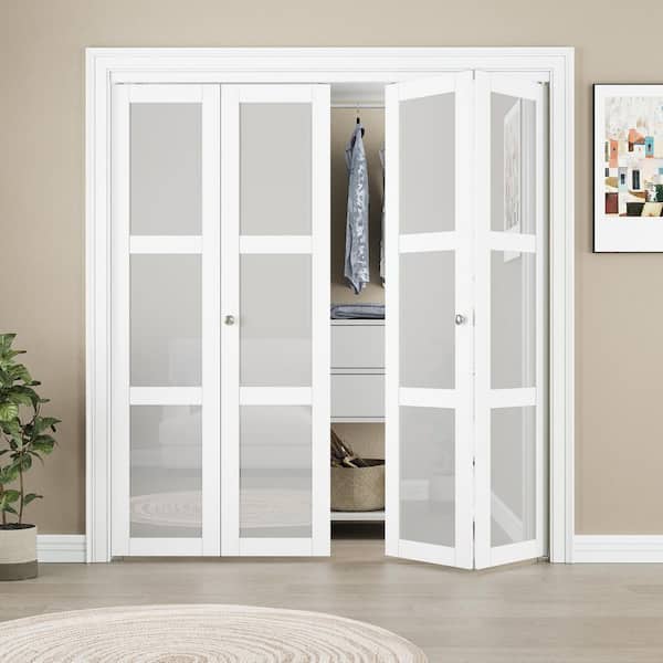 72 in. x 96 in. 3-Lite Frosted Glass Solid Core White Finished Glass Closet Bi-Fold Door with Hardware