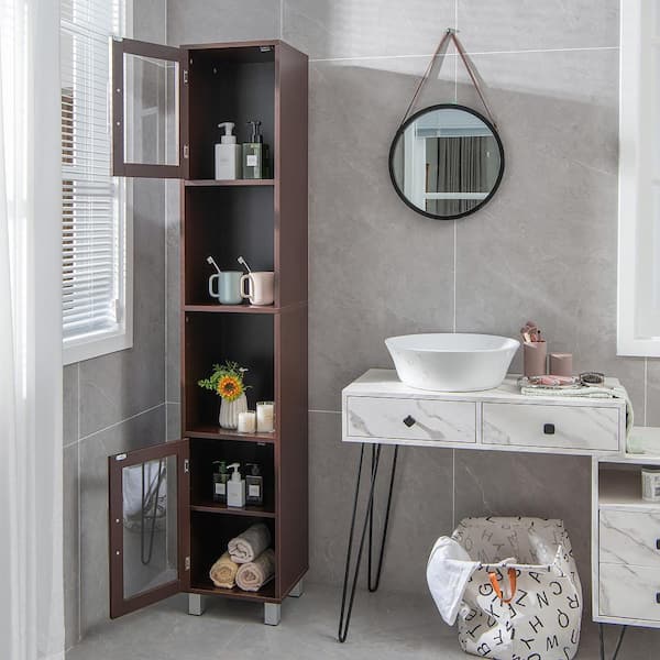 Costway Wooden Bathroom Floor Storage Cabinet Organizer w/ Drawer  Adjustable Shelf Brown 