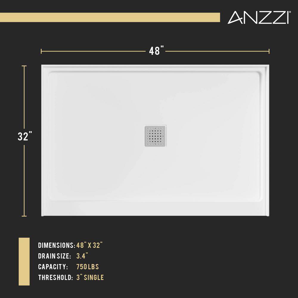 Glossy White Acrylic Rectangular Shower Base with Center Drain