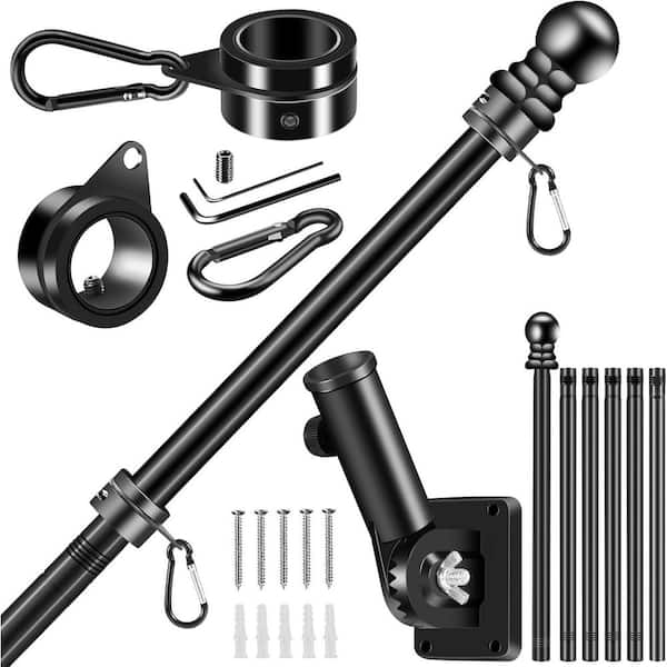 7 FT Thickened Stainless Steel Adjustable Flag Pole Kit Black Porch with Anti-Wrap Spinning Ring and Bracket Holder