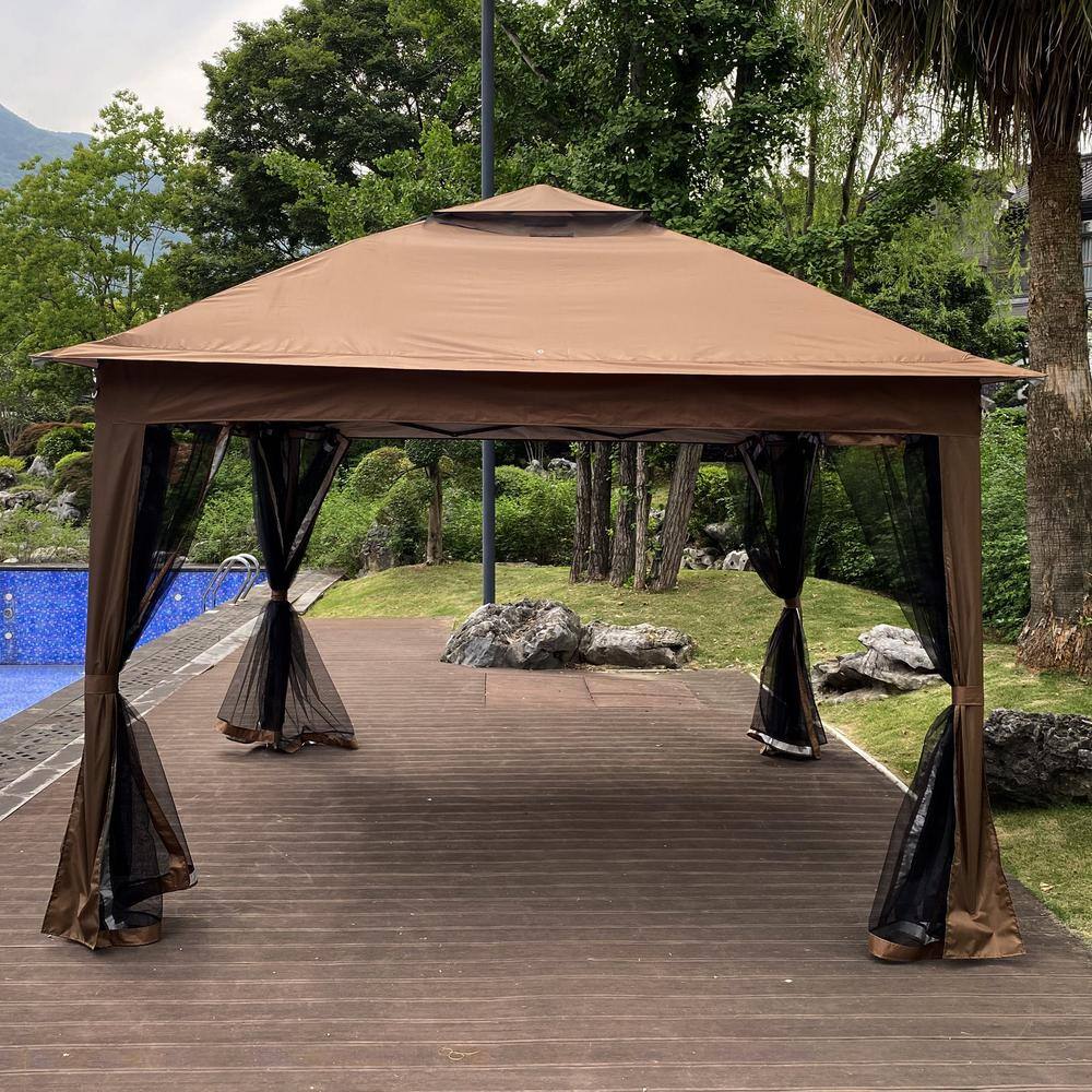 11 ft. x 11 ft. Brown 2-Tier Soft Top Outdoor Pop Up Gazebo Canopy with Removable Zipper Netting (Gazebo)