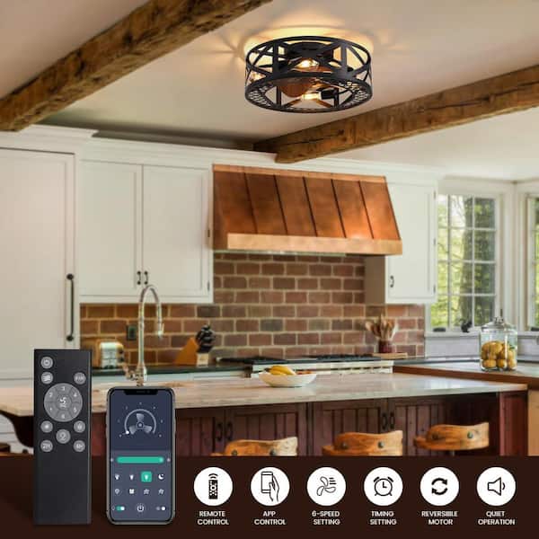 20 in. Smart Indoor Industrial Black Caged Low Profile Flush Mount Ceiling Fans with Remote with No Bulb Included