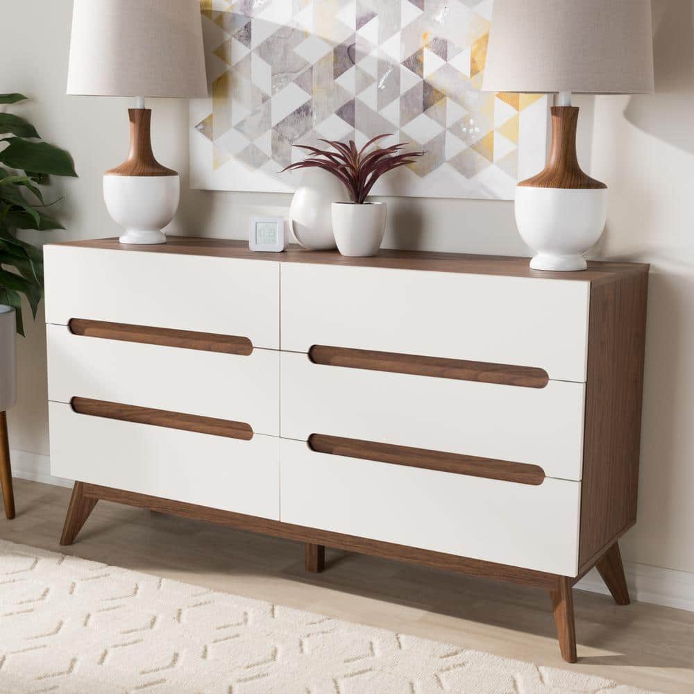 Calypso Mid-Century White and Walnut 6-Drawer Dresser