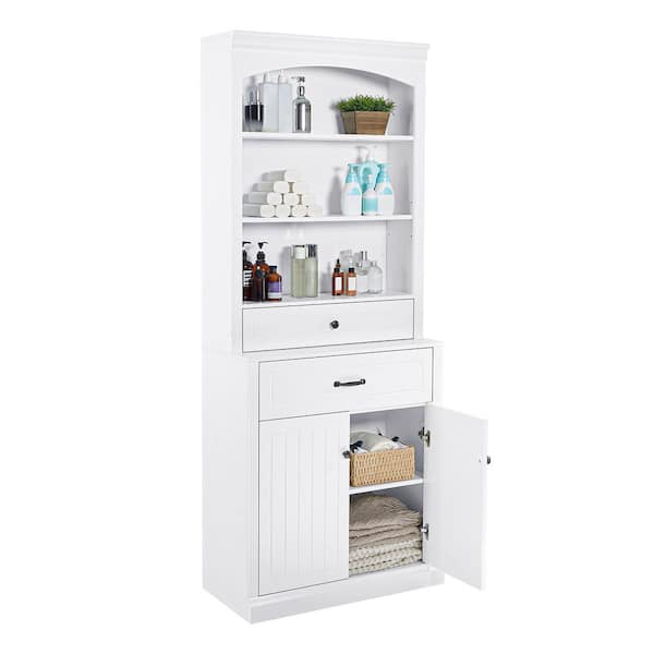 31 in. W x 10.8 in. D x 78 in. H White Bathroom Storage Linen Cabinet with Adjustable Shelf and 3-Open Shelves