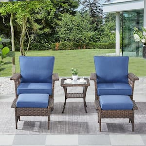 Stlouise Brown 5-Piece Wicker Patio Conversation Set with Blue Cushions