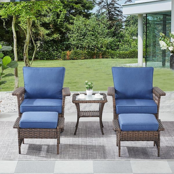 Gymojoy Stlouise Brown 5-Piece Wicker Patio Conversation Set with Blue Cushions