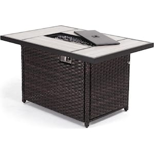 43 in Brown Rectangle Metal Outdoor Fire Pit Table with Ceramic Tile Top, Wicker Base