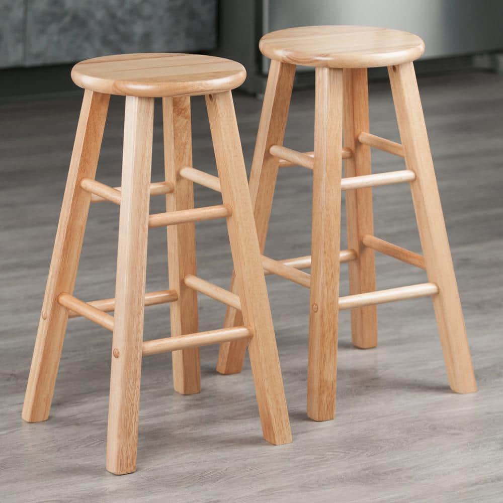 Adjustable Backless Natural Brown Wooden Counter Stool, 24 Inch, Set of 2
