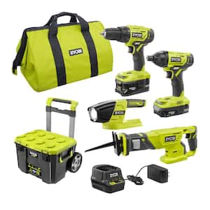 ONE+ 18V Cordless 4-Tool Combo Kit with (2) Batteries, 18V Charger, and Bag with LINK Rolling Tool Box