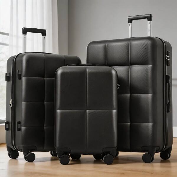 LIVACA 3-Piece Black ABS Plastic Hardside Spinner Luggage Set with