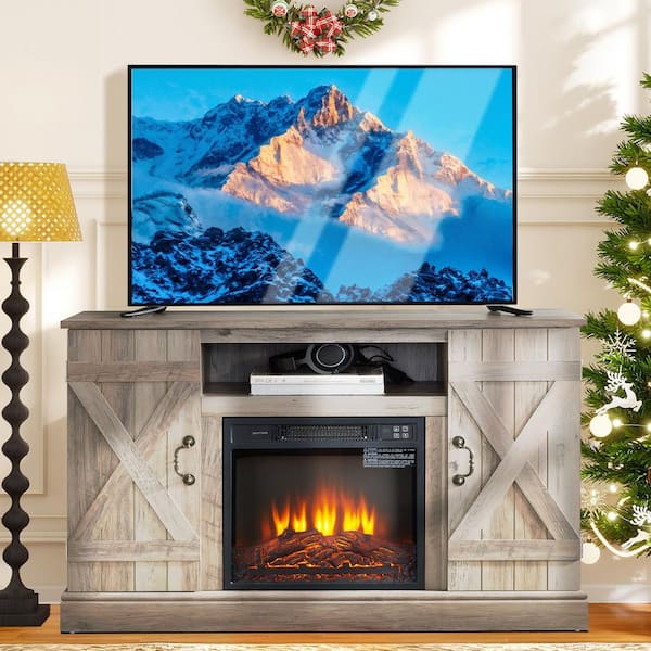 47 in. Freestanding TV Stand with 18 in. Electric Fireplace Insert for 50 in. TVs, Gray Farmhouse, Adjustable Shelves
