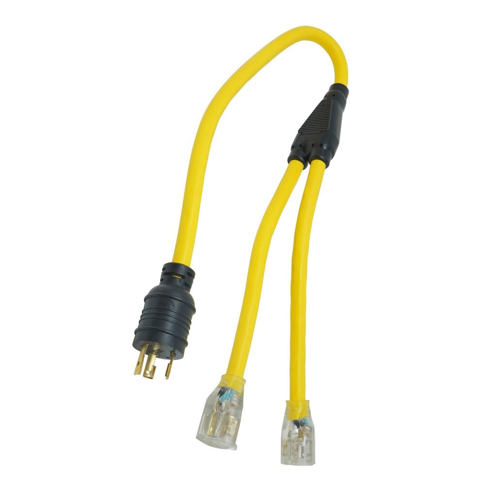 Coleman Cable 01915 3-Foot Generator Power Cord Adapter 10/3 Splitter Y Adapter L5-30P to (2) Lighted 5-20R