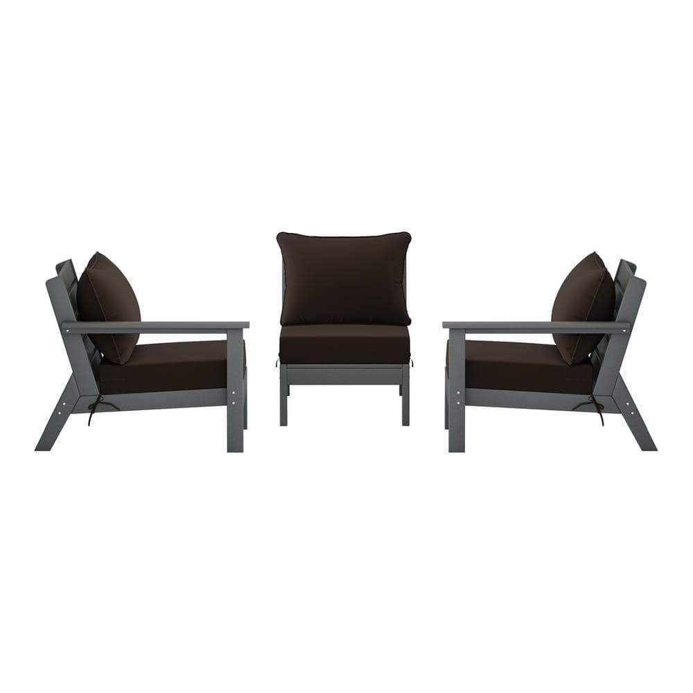 Birchwood Gray Arrangeable 3-Piece HDPE Deep Seating Outdoor Patio Conversation Sofa Arm Chair Set w/ Brown Cushions price history on PriceWatchPro