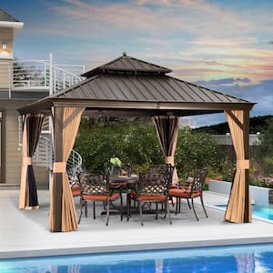12 ft. x 12 ft. Bronze Aluminum Hardtop Gazebo Canopy for Patio Deck Backyard Heavy-Duty with Netting and Curtains