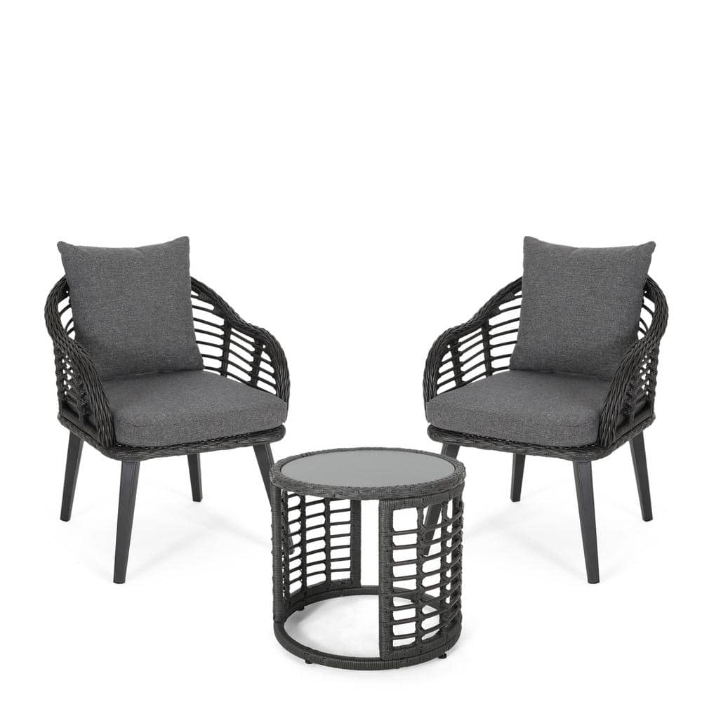 Noble House Tatiana Grey 3Piece Faux Rattan Patio Conversation Set