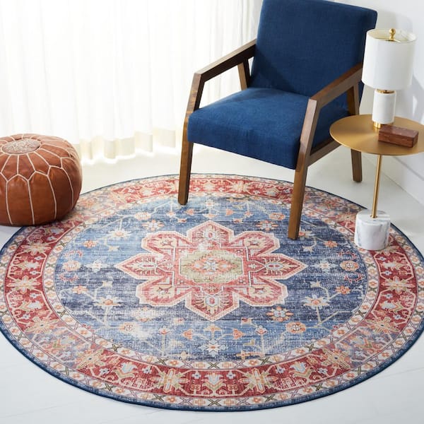 Tuscon Blue/Rust 5 ft. x 5 ft. Machine Washable Distressed Medallion Round Area Rug
