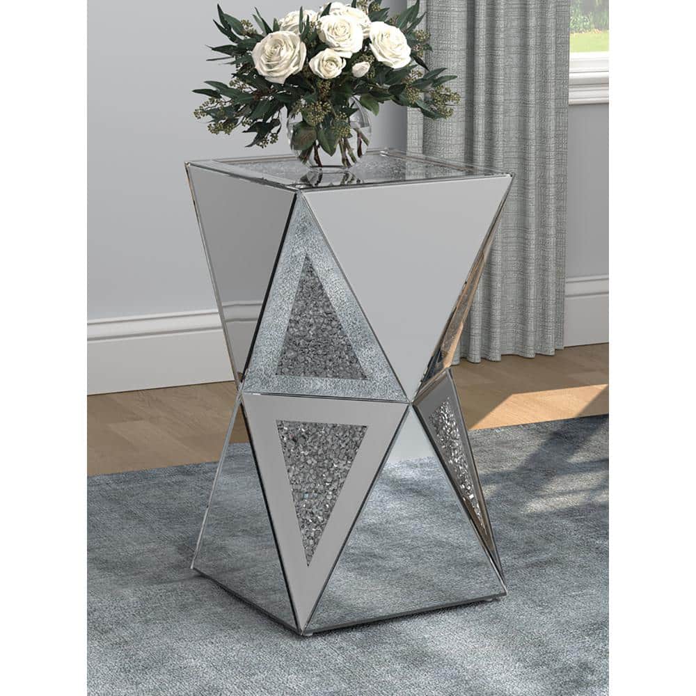 Geometric Silver Mirrored Square Pedestal End Table
