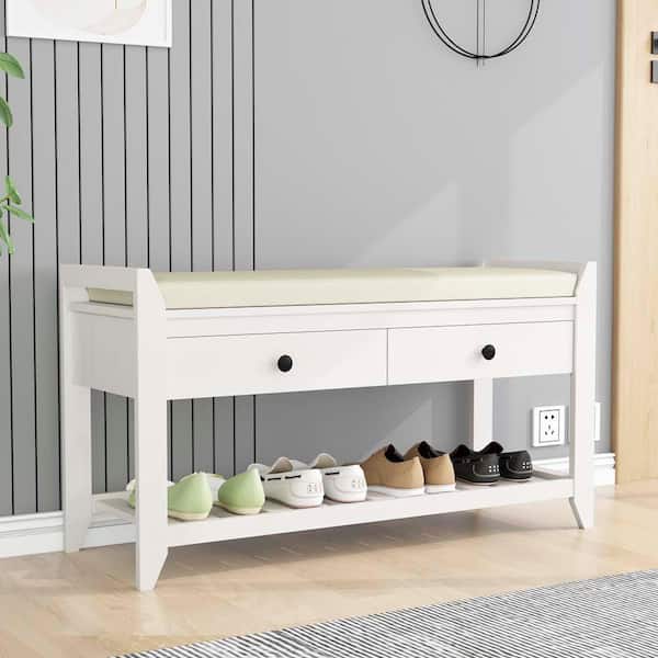 White Shoe Rack with Cushioned Seat and Drawers Multipurpose Entryway Storage Bench 20 in. x 14 in. x 39 in.