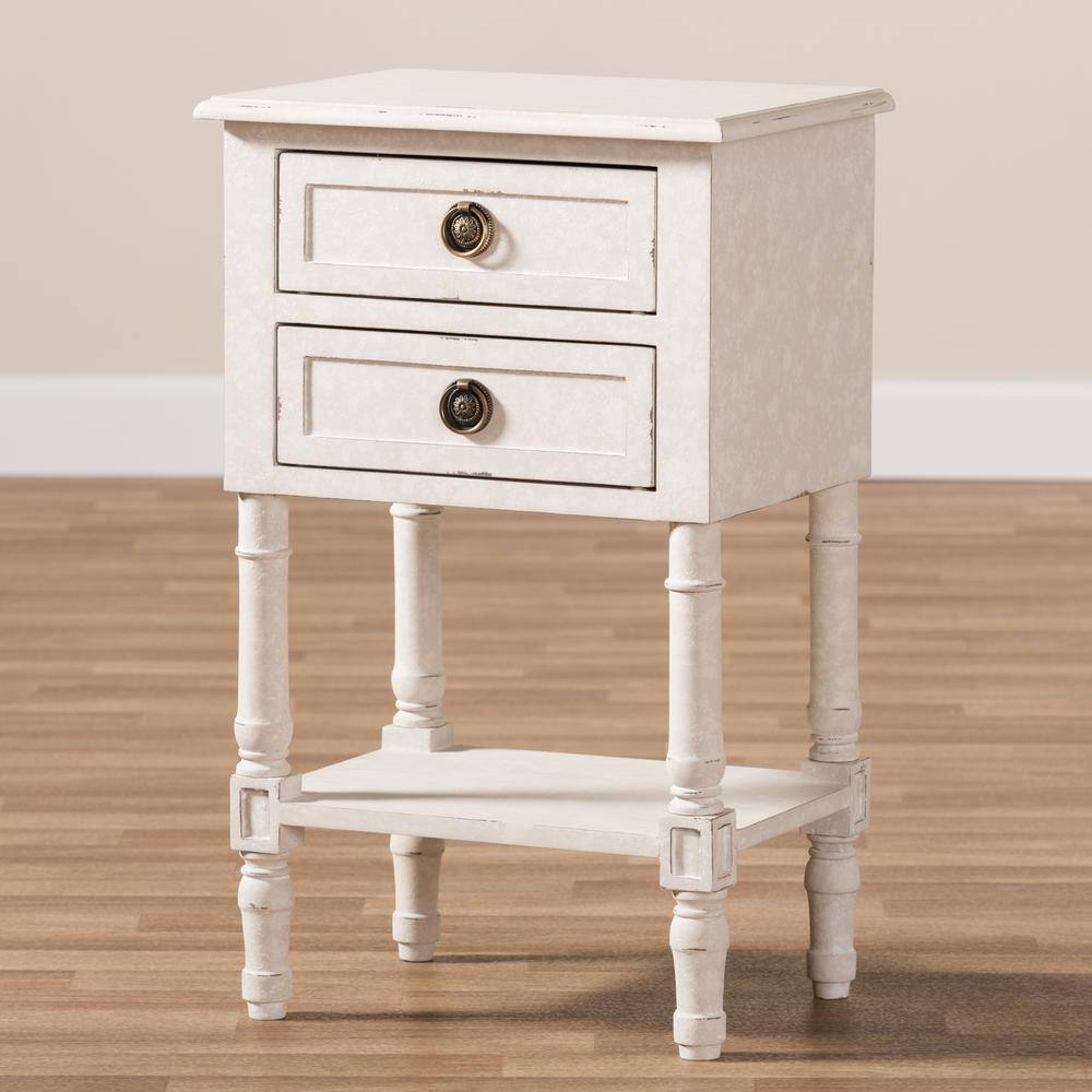 Whitewashed Farmhouse Charm 2-Drawer Nightstand with Bronze Pulls