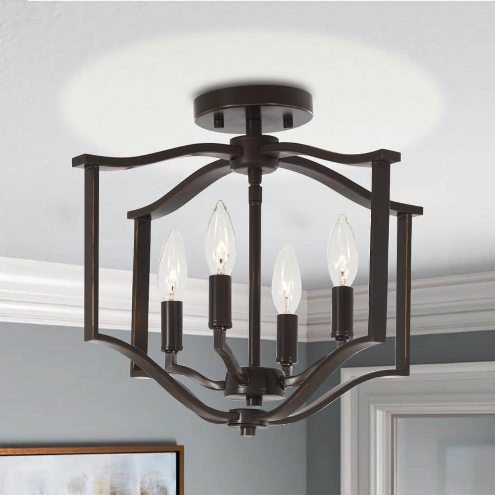 Downton Bronze Gold 4-Light Semi-Flush Mount with Seeded Glass