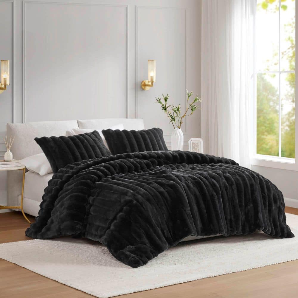 3-Piece King Black Ultrasoft Luxurious, Smooth Faux Fur Ribbed