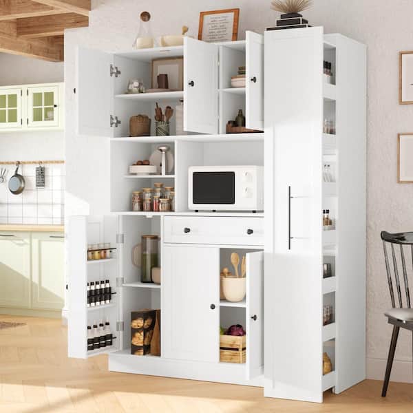 70 in. White Freestanding Large Kitchen Pantry with Pull-Out Side Cabinet, Door Shelves and Drawer