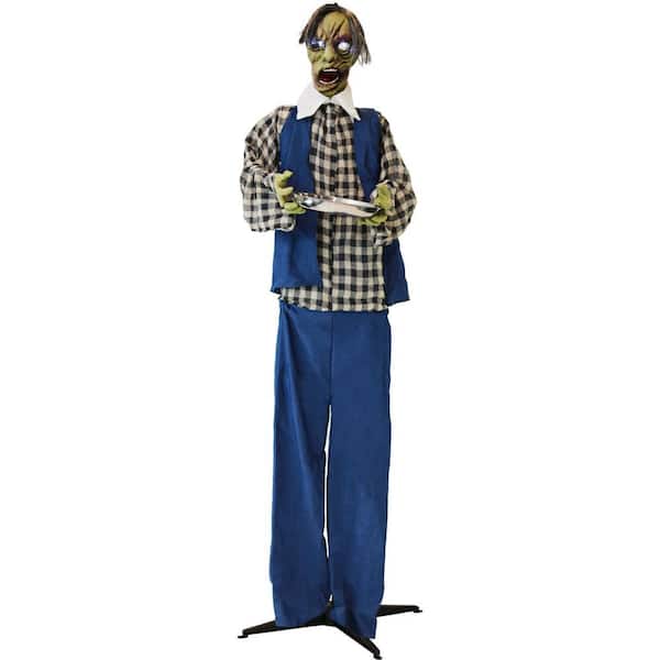 Haunted Hill Farm 75 in. Battery Operated Poseable Zombie Waiter with Purple LED Eyes Halloween Prop