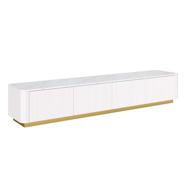 78.7 in. White Fluted TV Stand for TVs Up to 85 in. with Faux Marble Tabletop Media Console and 4 Drawers