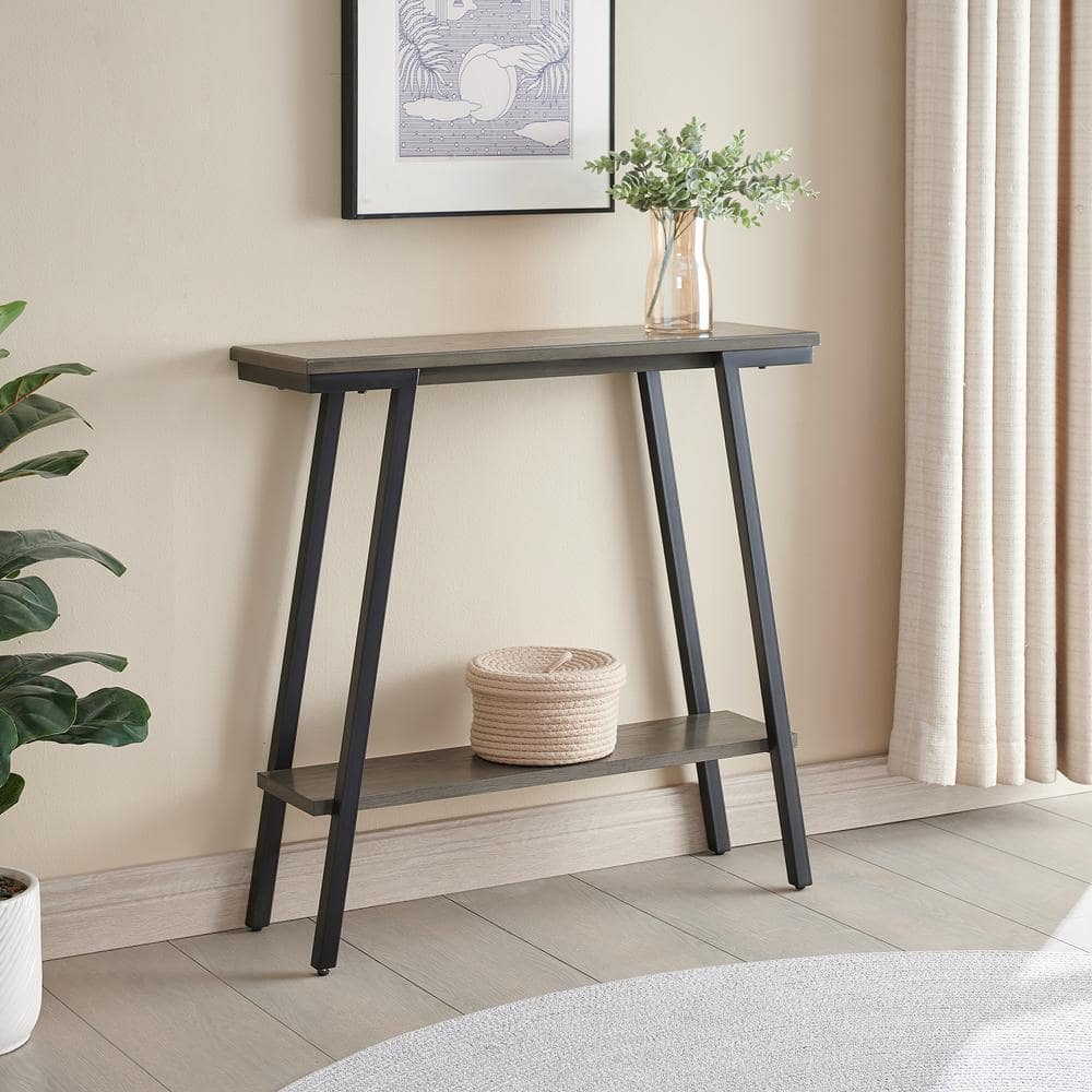 Gray Wood and Metal Console Table with Storage Shelf