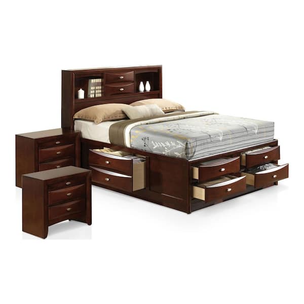 Lanten 3-Piece Brown Wood Frame King Bedroom Set with Side Drawers and Bookcase Headboard
