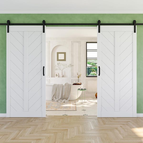 EH PUERTA 72 in. x 84 in. Solid Core Finished White MDF Herringbone Design Barn Door Slab with Hardware