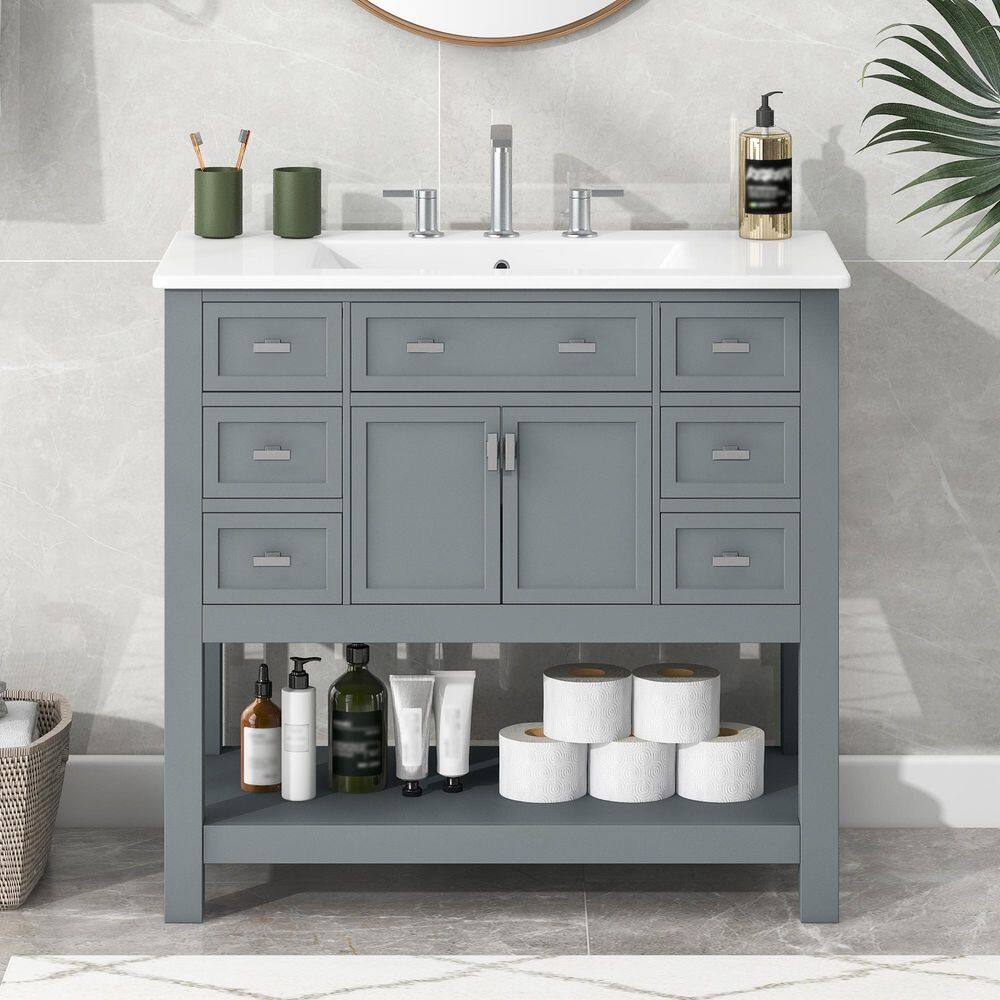 36 in. Single Sink Freestanding Grey Bath Vanity with White Ceramic Top, Open Shelf, 6 Drawers price history on PriceWatchPro