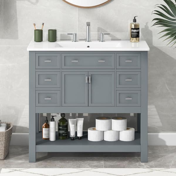 Ziyudura 36 in. Single Sink Freestanding Grey Bath Vanity with White Ceramic Top, Open Shelf, 6 Drawers