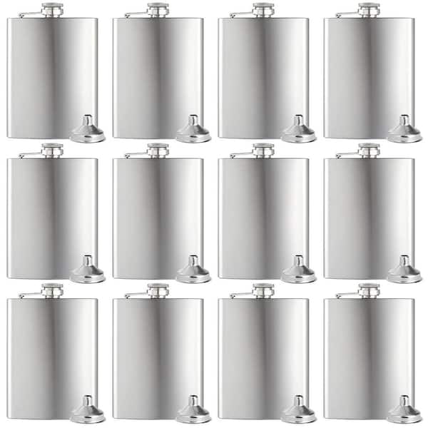 12-Piece 8 oz. Silver Stainless Steel Hip Flask Set with 12 Funnels for Wedding Bridesmaid Birthday Party