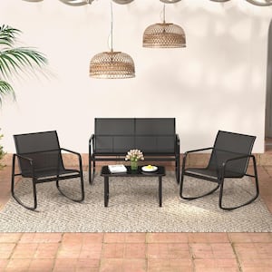 4-Piece Metal Patio Conversation Rocking Set with Glass-Top Table