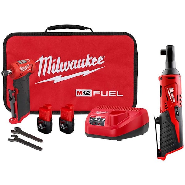Milwaukee M12 FUEL 12V Lithium-Ion Brushless Cordless 1/4 in. Right Angle Die Grinder Kit w/M12 3/8 in. Ratchet