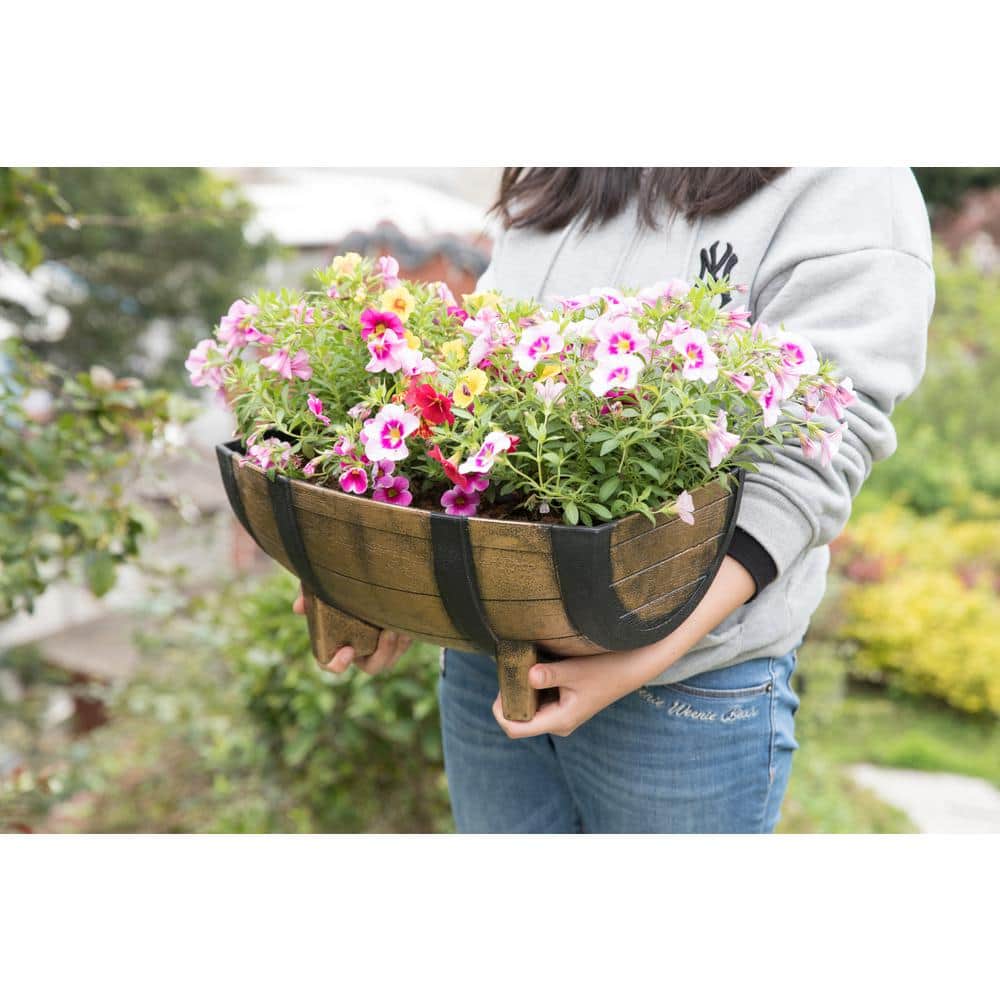 Rustic Brown and Black Plastic Half Barrel Planter Set
